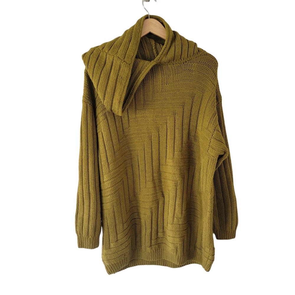 Vintage ANNE KLEIN Wool Sweater Green A-Line Mock Neck Hoodie‎ Oversized SMALL